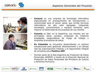 Aspectos Generales del Proyecto




   Conexia es una empresa de tecnología informática
    especializada en procesamiento de transacciones y
    conectividad para el sector salud, que brinda servicios
    informáticos de alto valor agregado, integrando
    tecnología, conocimientos y equipos humanos, para
    mejorar la efectividad de los procesos de sus clientes

   Conexia es líder en la Argentina, sus clientes son las
    principales obras sociales, empresas de medicina
    prepagada, aseguradoras de riesgo de trabajo y
    empresas promotoras de salud.

   En Colombia se encuentra desarrollando un sistema
    transaccional para gestionar eficientemente y en tiempo
    real las autorizaciones médicas y el seguimiento integral
    de siniestros para Positiva ARP.

   Forman parte de la Red Argentina de Protección de Datos
    Personales (RAPDP) a través de la Dirección Nacional de
    Protección de Datos Personales del Ministerio de Justicia
    y Derechos Humanos.



                                                                7
 