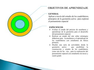 OBJETIVOS DE APRENDIZAJE 
GENERAL 
Aplicar a través del estudio de los cuadriláteros, 
principios de la geometría activa para explorar 
el pensamiento espacial 
ESPECIFICOS 
 Evaluar el estado del proceso de enseñanza y 
aprendizaje de la geometría para el desarrollo 
del pensamiento espacial. 
 Realizar un estado del arte sobre estrategias 
didácticas para la enseñanza y el aprendizaje de 
los cuadriláteros con estudiantes de básica 
primaria. 
 Diseñar una serie de actividades desde la 
geometría activa que posibiliten la 
construcción y estudio de los cuadriláteros 
como una de las vías , para la exploración del 
pensamiento espacial con estudiantes de tercer y 
cuarto grado 
 