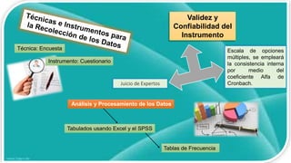 Técnica: Encuesta
Instrumento: Cuestionario
Validez y
Confiabilidad del
Instrumento
Juicio de Expertos
Escala de opciones
múltiples, se empleará
la consistencia interna
por medio del
coeficiente Alfa de
Cronbach.
Análisis y Procesamiento de los Datos
Tabulados usando Excel y el SPSS
Tablas de Frecuencia
 