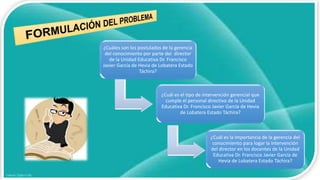 ¿Cuáles son los postulados de la gerencia
del conocimiento por parte del director
de la Unidad Educativa Dr. Francisco
Javier García de Hevia de Lobatera Estado
Táchira?
¿Cuál es el tipo de intervención gerencial que
cumple el personal directivo de la Unidad
Educativa Dr. Francisco Javier García de Hevia
de Lobatera Estado Táchira?
¿Cuál es la importancia de la gerencia del
conocimiento para logar la intervención
del director en los docentes de la Unidad
Educativa Dr. Francisco Javier García de
Hevia de Lobatera Estado Táchira?
 