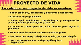 PROYECTO DE VIDA
Para elaborar un proyecto de vida se requiere:
- Saber quién soy, aceptarme y quererme y conocerme
- Clarificar mi propia Misión.
- Saber qué habilidades, conocimientos y competencias
poseo y cuales quiero lograr y para qué.
- Conocer el costo operativo y los tiempos para lograr lo
planeado
- Tener claras las metas a corto y mediano plazo.
- Sentirme que estoy trabajando en ello, pero con alegría.
- Pero sobre todo saber y elegir quién quiero
llegar a ser.
 