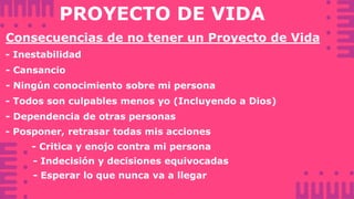 PROYECTO DE VIDA
Consecuencias de no tener un Proyecto de Vida
- Inestabilidad
- Cansancio
- Ningún conocimiento sobre mi persona
- Posponer, retrasar todas mis acciones
- Critica y enojo contra mi persona
- Todos son culpables menos yo (Incluyendo a Dios)
- Dependencia de otras personas
- Indecisión y decisiones equivocadas
- Esperar lo que nunca va a llegar
 