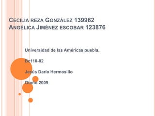 Cecilia reza González 139962Angélica Jiménez escobar 123876 Universidad de las Américas puebla. Bc110-02 Jesús Darío Hermosillo  Otoño 2009 
