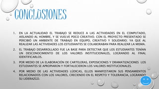 CONCLUSIONES 
1. EN LA ACTUALIDAD EL TRABAJO SE REDUCE A LAS ACTIVIDADES EN EL COMPUTADO, 
AISLANDO AL HOMBRE, Y SE VUELVE POCO CREATIVO. CON EL PROYECTO PRESENTADO SE 
PERCIBIÓ UN AMBIENTE DE TRABAJO EN EQUIPO, CREATIVO Y SOLIDARIO; YA QUE AL 
REALIZAR LAS ACTIVIDADES LOS ESTUDIANTES SE COLABORABAN PARA REALIZAR LA MISMA. 
2. EL TRABAJO DESARROLLADO FUE LA BASE PARA DETECTAR QUE LOS ESTUDIANTES TENÍAN 
UN DESCONOCIMIENTO DE LOS VALORES INSTITUCIONALES, LOGRANDO AL FINAL 
IDENTIFICARLOS. 
3. POR MEDIO DE LA ELABORACIÓN DE CARTELERAS, EXPOSICIONES Y DRAMATIZACIONES LOS 
ESTUDIANTES SE APROPIARON Y FORTALECIERON LOS VALORES INSTITUCIONALES. 
4. POR MEDIO DE LAS ACTIVIDADES LÚDICAS, ELLOS MANIFESTARON SUS PENSAMIENTOS 
RELACIONADOS CON LOS VALORES, CRECIENDO EN EL RESPETO Y TOLERANCIA, LOGRANDO 
SU LIDERAZGO. 
 