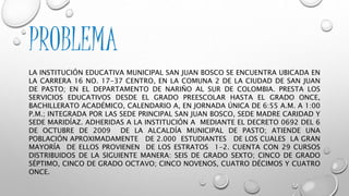 PROBLEMA 
LA INSTITUCIÓN EDUCATIVA MUNICIPAL SAN JUAN BOSCO SE ENCUENTRA UBICADA EN 
LA CARRERA 16 NO. 17-37 CENTRO, EN LA COMUNA 2 DE LA CIUDAD DE SAN JUAN 
DE PASTO; EN EL DEPARTAMENTO DE NARIÑO AL SUR DE COLOMBIA. PRESTA LOS 
SERVICIOS EDUCATIVOS DESDE EL GRADO PREESCOLAR HASTA EL GRADO ONCE, 
BACHILLERATO ACADÉMICO, CALENDARIO A, EN JORNADA ÚNICA DE 6:55 A.M. A 1:00 
P.M.; INTEGRADA POR LAS SEDE PRINCIPAL SAN JUAN BOSCO, SEDE MADRE CARIDAD Y 
SEDE MARIDÍAZ. ADHERIDAS A LA INSTITUCIÓN A MEDIANTE EL DECRETO 0692 DEL 6 
DE OCTUBRE DE 2009 DE LA ALCALDÍA MUNICIPAL DE PASTO; ATIENDE UNA 
POBLACIÓN APROXIMADAMENTE DE 2.000 ESTUDIANTES DE LOS CUALES LA GRAN 
MAYORÍA DE ELLOS PROVIENEN DE LOS ESTRATOS 1-2. CUENTA CON 29 CURSOS 
DISTRIBUIDOS DE LA SIGUIENTE MANERA: SEIS DE GRADO SEXTO; CINCO DE GRADO 
SÉPTIMO, CINCO DE GRADO OCTAVO; CINCO NOVENOS, CUATRO DÉCIMOS Y CUATRO 
ONCE. 
 