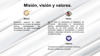 Misión, visión y valores.
Buscamos exponer la mejor
experiencia de compra de equipos
gaming sobrepasando las
expectativas de cada consumidor
sin pretexto a la edad.
Ser el líder en distribución e instalación de
productos relacionados a computadoras
gaming, estableciéndonos como la mejor
empresa en un corto periodo de tiempo
ofreciendo calidad y accesibilidad a nuestros
clientes y empresas brindando una forma para
combatir el stress.
Misión Visión
Transparencia, Responsabilidad, Confianza,
Respeto, Integridad y Equidad
Valores
 