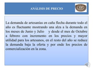 ANÁLISIS DE PRECIO



La demanda de artesanías en caña flecha durante todo el
año es fluctuante mostrando una alza a la demanda en
los meses de Junio y Julio y desde el mes de Octubre
a febrero con incremento en los precios y mayor
utilidad para los artesanos, en el resto del año se reduce
la demanda baja la oferta y por ende los precios de
comercialización en la zona.
 