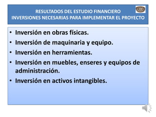 RESULTADOS DEL ESTUDIO FINANCIERO
INVERSIONES NECESARIAS PARA IMPLEMENTAR EL PROYECTO

• Inversión en obras físicas.
• Inversión de maquinaria y equipo.
• Inversión en herramientas.
• Inversión en muebles, enseres y equipos de
  administración.
• Inversión en activos intangibles.
 