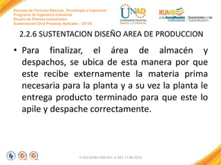 Escuela de Ciencias Básicas, Tecnología e Ingeniería
Programa de Ingeniería Industrial
Diseño de Plantas Industriales
Sustentación Oral Proyecto Aplicado - 2013II

2.2.6 SUSTENTACION DISEÑO AREA DE PRODUCCION

• Para finalizar, el área de almacén y
despachos, se ubica de esta manera por que
este recibe externamente la materia prima
necesaria para la planta y a su vez la planta le
entrega producto terminado para que este lo
apile y despache correctamente.

FI-GQ-GCMU-004-015 V. 001-17-04-2013

 
