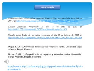 BIBLIOGRAFÍA
Recomendaciones para escribir un ensayo Norma APA recuperado el día 10 de abril de
20013 en http://www.cesa.edu.co/El-Cesa/Pdfs/pdf-pagina/Normas-APA_web.aspx
Estudio financiero recuperado el día 15 de abril de 2013 en
http://66.165.175.248/campus08_20131/mod/forum/view.php?id=610
Modulo curso diseño de proyectos recuperado el día 05 de febrero de 2013 en
http://66.165.175.248/campus08_20131/file.php/26/MDISENO_DE_PROYEC.2011.pdf
Duque, E. (2011), Geopolítica de los negocios y mercados verdes, Universidad Sergio
Arboleda, Bogotá, Colombia.
Duque, E. (2011), Geopolítica de los negocios y mercados verdes, Universidad
Sergio Arboleda, Bogotá, Colombia.
http://www.konfyt.com/prkonfyt/pg1355/sp/productos-dieteticos-konfyt-sin-
azucar#ancla
 