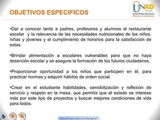 OBJETIVOS ESPECIFICOS
•Dar a conocer tanto a padres, profesores y alumnos el restaurante
escolar y la relevancia de las necesidades nutricionales de los niños,
niñas y jóvenes y el cumplimiento de horarios para la satisfacción de
estas.
•Brindar alimentación a escolares vulnerables para que no haya
deserción escolar y se asegure la formación de los futuros ciudadanos.
•Proporcionar oportunidad a los niños que participen en él, para
practicar normas y adquirir hábitos de orden social.
•Crear en el estudiante habilidades, sensibilización y reflexión de
servicio y respeto en la mesa. que permita que el estado se interese
más por este tipo de proyectos y buscar mejores condiciones de vida
para todos.
 