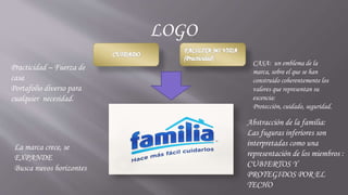 LOGO
Practicidad – Fuerza de
casa
Portafolio diverso para
cualquier necesidad.
CASA: un emblema de la
marca, sobre el que se han
construido coherentemente los
valores que representan su
escencia:
Protección, cuidado, seguridad.
La marca crece, se
EXPANDE
Busca nuvos horizontes
Abstracción de la familia:
Las fuguras inferiores son
interpretadas como una
representación de los miembros :
CUBIERTOS Y
PROTEGIDOS POR EL
TECHO
 