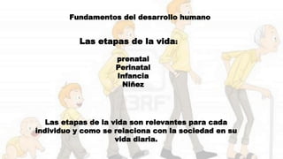 Fundamentos del desarrollo humano 
Las etapas de la vida: 
prenatal 
Perinatal 
Infancia 
Niñez 
Las etapas de la vida son relevantes para cada individuo y como se relaciona con la sociedad en su vida diaria.  