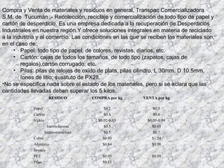 Compra y Venta de materiales y residuos en general. Transpac Comercializadora S.M. de  Tucumán .- Recolección, reciclaje y comercialización de todo tipo de papel y cartón de desperdicio. Es una empresa dedicada a la recuperación de Desperdicios Industriales en nuestra región Y ofrece soluciones integrales en materia de reciclado a la industria y al comercio. Las condiciones en las que se reciben los materiales son, en el caso de: Papel: todo tipo de papel, de colores, revistas, diarios, etc. Cartón: cajas de todos los tamaños, de todo tipo (zapatos, cajas de regalos),cartón corrugado, etc. Pilas: pilas de relojes de oxido de plata, pilas cilindro, L 30mm, D 10,5mm, Iones de litio; sustituto de PX28. No se especifica nada sobre el estado de los materiales, pero si se aclara que las cantidades llevadas deben superar los 5 kilos. RESIDUO COMPRA por kg   VENTA por kg   Papel $0.2 $0.5 Cartón $0.4 $0.6 Vidrio $0.02-0.03 $0.05-0.04 hierro-lámina $0.5 $0.65 hierro-estructura $0.5 $0.7 Cobre $0.90 $1.24 Aluminio $0.84 $0.98 Bronce     PET $0.05 $0.09 Pilas $0.15   