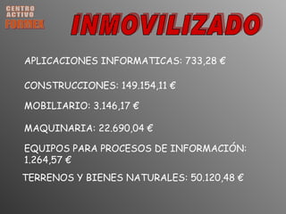 CENTRO ACTIVO FORMEX INMOVILIZADO APLICACIONES INFORMATICAS: 733,28 € MOBILIARIO: 3.146,17 € EQUIPOS PARA PROCESOS DE INFORMACIÓN: 1.264,57 € MAQUINARIA: 22.690,04 € CONSTRUCCIONES: 149.154,11 € TERRENOS Y BIENES NATURALES: 50.120,48 € 