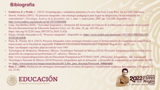 • Gutiérrez, F. y Prado, C. (2015). Ecopedagogía y ciudadanía planetaria (3a ed.). San José, Costa Rica: De La Salle Ediciones
• Hewitt, Nohelia (2007), “El proyecto integrador: una estrategia pedagógica para lograr la integración y la socialización del
conocimiento”, Psicología. Avances de la disciplina, vol. 1, núm. 1, enero-junio, 2007, pp. 235-240, disponible en:
http://www.redalyc.org/articulo.oa?id=297224869006
• Luna, Ana-Bertha (2020), “Actividad integradora y formación del licenciado en Ciencias de la Educación, evaluación de su gestión”,
Revista Iberoamericana de Educación Superior (ries), vol. XI, núm. 32, pp. 163-182, doi:
https://doi.org/10.22201/iisue.20072872e.2020.32.820.
• Pareja, Giraldo Alexander (s/f), “Proyecto integrador”, disponible en: https://www.scribd.com/document/139173033/PROYECTO-
INTEGRADOR
• Parra, B., Pinzón, M.A. (2013). Proyecto Integrador como estrategia formativa para el fortalecimiento de competencias específicas y
transversales en la Facultad de ingeniería. Fundación Universitaria Panamericana Compensar. Bogotá D.C. pp 55., en:
https://acofipapers.org/index.php/eiei/article/view/1495
• Tecnológico de Monterrey, Monterrey, México. Tecnológico Nacional de México (2014). Proyectos Integradores para la forma-ción y
desarrollo de competencias profesionales (2ª. edición.). México, en:
http://www.itsjuanrodriguezclara.edu.mx/Document/Transparencia/875/FRACCION_I/Proyectos_Integradores_2da_edicion.pdf
• Tecnológico Nacional de México (2014) Proyectos integradores para la formación y desarrollo de competencias profesionales TecMN
en: https://www.tecnm.mx/images/areas/docencia01/Libre_para_descarga/Proyectos_Integrador
• Ruiz, C. (2002). Mediación de estrategias metacognitivas en tareas divergentes y transferencia recíproca. Investigación y Posgrado, 17
(2), 53-82.
Bibiografía
 