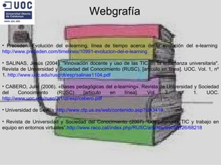 Webgrafía Preceden. Evolución del e-learning, línea de tiempo acerca de la evolución del e-learning  http://www.preceden.com/timelines/10991-evolucion-del-e-learning SALINAS, Jesús (2004). "Innovación docente y uso de las TIC en la enseñanza universitaria". Revista de Universidad y Sociedad del Conocimiento (RUSC). [artículo en línea]. UOC. Vol. 1, nº 1.  http://www.uoc.edu/rusc/dt/esp/salinas1104.pdf CABERO, Julio (2006). «Bases pedagógicas del e-learning». Revista de Universidad y Sociedad del Conocimiento (RUSC) [artículo en línea]. Vol. 3, n.° 1. UOC.  http://www.uoc.edu/rusc/3/1/dt/esp/cabero.pdf Universidad de Sevilla:  http://www.cfp.us.es/web/contenido.asp?id=3419 Revista de Universidad y Sociedad del Conocimiento (2007) “Competencias TIC y trabajo en equipo en entornos virtuales”. http://www.raco.cat/index.php/RUSC/article/view/58126/68218 