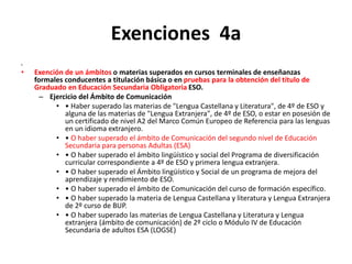 Exenciones 4a
•
• Exención de un ámbitos o materias superados en cursos terminales de enseñanzas
formales conducentes a titulación básica o en pruebas para la obtención del título de
Graduado en Educación Secundaria Obligatoria ESO.
– Ejercicio del Ámbito de Comunicación
• • Haber superado las materias de "Lengua Castellana y Literatura", de 4º de ESO y
alguna de las materias de "Lengua Extranjera", de 4º de ESO, o estar en posesión de
un certificado de nivel A2 del Marco Común Europeo de Referencia para las lenguas
en un idioma extranjero.
• • O haber superado el ámbito de Comunicación del segundo nivel de Educación
Secundaria para personas Adultas (ESA)
• • O haber superado el ámbito lingüístico y social del Programa de diversificación
curricular correspondiente a 4º de ESO y primera lengua extranjera.
• • O haber superado el Ámbito lingüístico y Social de un programa de mejora del
aprendizaje y rendimiento de ESO.
• • O haber superado el ámbito de Comunicación del curso de formación específico.
• • O haber superado la materia de Lengua Castellana y literatura y Lengua Extranjera
de 2º curso de BUP.
• • O haber superado las materias de Lengua Castellana y Literatura y Lengua
extranjera (ámbito de comunicación) de 2º ciclo o Módulo IV de Educación
Secundaria de adultos ESA (LOGSE)
 