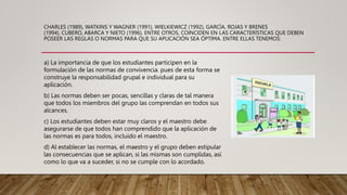 CHARLES (1989), WATKINS Y WAGNER (1991), WIELKIEWICZ (1992), GARCÍA, ROJAS Y BRENES
(1994), CUBERO, ABARCA Y NIETO (1996), ENTRE OTROS, COINCIDEN EN LAS CARACTERÍSTICAS QUE DEBEN
POSEER LAS REGLAS O NORMAS PARA QUE SU APLICACIÓN SEA ÓPTIMA. ENTRE ELLAS TENEMOS:
a) La importancia de que los estudiantes participen en la
formulación de las normas de convivencia. pues de esta forma se
construye la responsabilidad grupal e individual para su
aplicación.
b) Las normas deben ser pocas, sencillas y claras de tal manera
que todos los miembros del grupo las comprendan en todos sus
alcances.
c) Los estudiantes deben estar muy claros y el maestro debe
asegurarse de que todos han comprendido que la aplicación de
las normas es para todos, incluido el maestro.
d) Al establecer las normas, el maestro y el grupo deben estipular
las consecuencias que se aplican, si las mismas son cumplidas, así
como lo que va a suceder, si no se cumple con lo acordado.
 