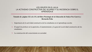 LOS GRUPOS EN EL AULA
LA ACTIVIDAD CONSTRUCTIVA DEL ALUMNO Y SU INCIDENCIA SOBRE EL
APRENDIZAJE
Tomado de: página 122 a la 131, del libro Psicología de la Educación de Stalyn Paz Guerra y
Bernardo Peña
1. Importancia de la actividad constructiva de los estudiantes en el aprendizaje escolar.
2. El papel de profesor en la aparición, el mantenimiento y la guía de la actividad constructiva de los
estudiantes.
3. La construcción del conocimiento en sociedad.
 