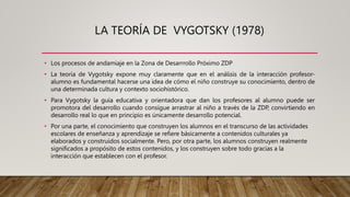 LA TEORÍA DE VYGOTSKY (1978)
• Los procesos de andamiaje en la Zona de Desarrrollo Próximo ZDP
• La teoría de Vygotsky expone muy claramente que en el análisis de la interacción profesor-
alumno es fundamental hacerse una idea de cómo el niño construye su conocimiento, dentro de
una determinada cultura y contexto sociohistórico.
• Para Vygotsky la guía educativa y orientadora que dan los profesores al alumno puede ser
promotora del desarrollo cuando consigue arrastrar al niño a través de la ZDP, convirtiendo en
desarrollo real lo que en principio es únicamente desarrollo potencial.
• Por una parte, el conocimiento que construyen los alumnos en el transcurso de las actividades
escolares de enseñanza y aprendizaje se refiere básicamente a contenidos culturales ya
elaborados y construidos socialmente. Pero, por otra parte, los alumnos construyen realmente
significados a propósito de estos contenidos, y los construyen sobre todo gracias a la
interacción que establecen con el profesor.
 