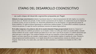 ETAPAS DEL DESARROLLO COGNOSCITIVO
• Las cuatro etapas del desarrollo cognoscitivo propuestas por Piaget:
Infancia: la etapa sensoriomotora (desde el nacimiento hasta los 2 años):el pensamiento del niño implica ver, escuchar,
mover, tocar, etc. Durante este periodo, el niño concibe la permanencia de los objetos, la comprensión de que los objetos de
su entorno existen, sea que los perciba o no. Desarrolla gradualmente el uso del lenguaje y la capacidad para pensar de
forma simbólica. Es capaz de pensar lógicamente en operaciones unidireccionales. Le resulta difícil considerar el punto de
vista de otra persona. Es capaz de resolver problemas concretos de manera lógica (activa).
De la niñez temprana a los primeros años de la escuela elemental: Etapa preoperacional (desde los 2 hasta los 7
años): El niño utiliza los símbolos por primera vez al simular o imitar. Los niños que todavía no pueden hablar a menudo
utilizan símbolos de acción: cuando simulan que beben de un vaso vacío o que llevan un peine a su cabello demuestran que
saben para qué es cada objeto. Esta conducta también revela que sus esquemas se hacen más generales y están menos
ligados a acciones específicas; por ejemplo, cuando juegan a la casita pueden emplear el esquema de comer. Durante la
etapa preoperacional también podemos ver el rápido desarrollo de ese importantísimo sistema de símbolos que es el
lenguaje. Entre los dos y los cuatro años, casi todos los niños aumentan su vocabulario de alrededor de 200 a 2 000
palabras.
 