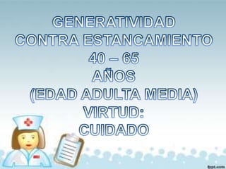 GENERATIVIDAD CONTRA ESTANCAMIENTO 40 – 65  AÑOS (EDAD ADULTA MEDIA) VIRTUD: CUIDADO 