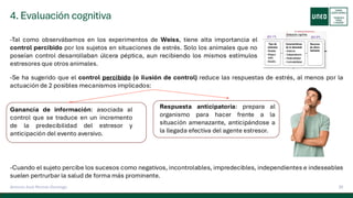 4. Evaluación cognitiva
20
Antonio José Perrote Domingo
-Tal como observábamos en los experimentos de Weiss, tiene alta importancia el
control percibido por los sujetos en situaciones de estrés. Solo los animales que no
poseían control desarrollaban úlcera péptica, aun recibiendo los mismos estímulos
estresores que otros animales.
-Se ha sugerido que el control percibido (o ilusión de control) reduce las respuestas de estrés, al menos por la
actuación de 2 posibles mecanismos implicados:
Ganancia de información: asociada al
control que se traduce en un incremento
de la predecibilidad del estresor y
anticipación del evento aversivo.
Respuesta anticipatoria: prepara al
organismo para hacer frente a la
situación amenazante, anticipándose a
la llegada efectiva del agente estresor.
-Cuando el sujeto percibe los sucesos como negativos, incontrolables, impredecibles, independientes e indeseables
suelen pertrurbar la salud de forma más prominente.
 