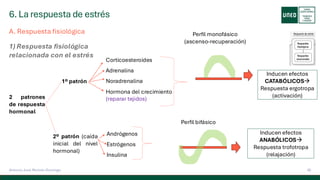 6. La respuesta de estrés
30
Antonio José Perrote Domingo
A. Respuesta fisiológica
1) Respuesta fisiológica
relacionada con el estrés
2 patrones
de respuesta
hormonal
1º patrón
2º patrón (caída
inicial del nivel
hormonal)
Corticoesteroides
Adrenalina
Noradrenalina
Hormona del crecimiento
(reparar tejidos)
Andrógenos
Estrógenos
Insulina
Perfil monofásico
(ascenso-recuperación)
Perfil bifásico
Inducen efectos
CATABÓLICOS→
Respuesta ergotropa
(activación)
Inducen efectos
ANABÓLICOS→
Respuesta trofotropa
(relajación)
 