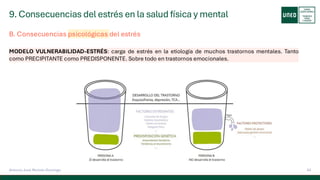 9. Consecuencias del estrés en la salud física y mental
53
Antonio José Perrote Domingo
B. Consecuencias psicológicas del estrés
MODELO VULNERABILIDAD-ESTRÉS: carga de estrés en la etiología de muchos trastornos mentales. Tanto
como PRECIPITANTE como PREDISPONENTE. Sobre todo en trastornos emocionales.
 