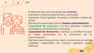 o Problemas de comunicación no verbales:
o Expresión corporal (posiciones y actitudes)
o expresión facial (gestos, muecas y miradas o faltas de
estas)
o Elementos esenciales para la buena comunicación:
o Capacidad de expresar a la otra persona nuestros
verdaderos sentimientos y temores.
o Capacidad de detenerse a ratificar y rectificar lo que
se había entendido en el momento de la
comunicación.
o Siempre que ataquemos o que una persona se sienta
culpable, responderá de manera agresiva como
defensa.
 