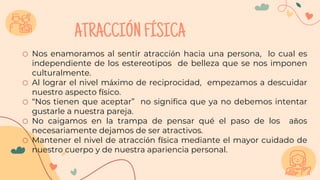 o Nos enamoramos al sentir atracción hacia una persona, lo cual es
independiente de los estereotipos de belleza que se nos imponen
culturalmente.
o Al lograr el nivel máximo de reciprocidad, empezamos a descuidar
nuestro aspecto físico.
o “Nos tienen que aceptar” no significa que ya no debemos intentar
gustarle a nuestra pareja.
o No caigamos en la trampa de pensar qué el paso de los años
necesariamente dejamos de ser atractivos.
o Mantener el nivel de atracción física mediante el mayor cuidado de
nuestro cuerpo y de nuestra apariencia personal.
ATRACCIÓNFÍSICA
 
