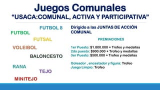 Juegos Comunales
“USACA:COMUNAL, ACTIVA Y PARTICIPATIVA”
Dirigido a las JUNTAS DE ACCIÓN
COMUNAL
PREMIACIONES
1er Puesto: $1.800.000 + Trofeo y medallas
2do puesto: $900.000 + Trofeo y medallas
3er Puesto: $500.000 + Trofeo y medallas
Goleador , encestador y figura: Trofeo
Juego Limpio: Trofeo
 