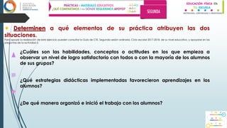 ✦ Determinen a qué elementos de su práctica atribuyen las dos
situaciones.
Para apoyar la realización de este ejercicio pueden consultar la Guía de CTE. Segunda sesión ordinaria. Ciclo escolar 2017-2018, de su nivel educativo, y apoyarse en las
preguntas de la actividad 3.
¿Cuáles son las habilidades, conceptos o actitudes en los que empieza a
observar un nivel de logro satisfactorio con todos o con la mayoría de los alumnos
de sus grupos?
¿Qué estrategias didácticas implementadas favorecieron aprendizajes en los
alumnos?
¿De qué manera organizó e inició el trabajo con los alumnos?
 
