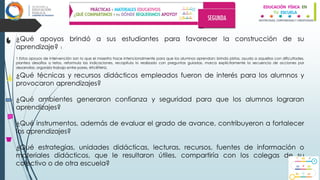 ¿Qué apoyos brindó a sus estudiantes para favorecer la construcción de su
aprendizaje? 1
1 Estos apoyos de intervención son lo que el maestro hace intencionalmente para que los alumnos aprendan: brinda pistas, ayuda a aquellos con dificultades,
plantea desafíos o retos, reformula las indicaciones, recapitula lo realizado con preguntas guiadas, marca explícitamente la secuencia de acciones por
desarrollar, organiza trabajo entre pares, etcétera.
¿Qué técnicas y recursos didácticos empleados fueron de interés para los alumnos y
provocaron aprendizajes?
¿Qué ambientes generaron confianza y seguridad para que los alumnos lograran
aprendizajes?
¿Qué instrumentos, además de evaluar el grado de avance, contribuyeron a fortalecer
los aprendizajes?
¿Qué estrategias, unidades didácticas, lecturas, recursos, fuentes de información o
materiales didácticos, que le resultaron útiles, compartiría con los colegas de su
colectivo o de otra escuela?
 