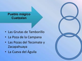 Pueblo mágico 
Cuetzalan 
• Las Grutas de Tamborillo 
• La Poza de la Campana 
• Las Pozas del Tecomate y 
Zacapahuaya 
• La Cueva del Águila 
 