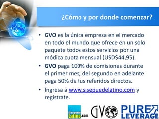 ¿Cómo y por donde comenzar?
• GVO es la única empresa en el mercado
en todo el mundo que ofrece en un solo
paquete todos estos servicios por una
módica cuota mensual (USD$44,95).
• GVO paga 100% de comisiones durante
el primer mes; del segundo en adelante
paga 50% de tus referidos directos.
• Ingresa a www.sisepuedelatino.com y
regístrate.
.com

 