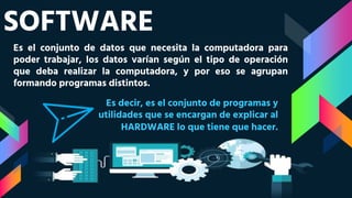 SOFTWARE
Es el conjunto de datos que necesita la computadora para
poder trabajar, los datos varían según el tipo de operación
que deba realizar la computadora, y por eso se agrupan
formando programas distintos.
Es decir, es el conjunto de programas y
utilidades que se encargan de explicar al
HARDWARE lo que tiene que hacer.
 
