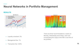 RESULTS
● Liquidity constraint: 5%
● Management fee: 1%
● Transaction fee: 0.05%
16
Neural Networks in Portfolio Management
There are three recommendations a week (on
Monday, Wednesday and Friday), each one
incorporating the output of the NN in one third of the
portfolio.
 