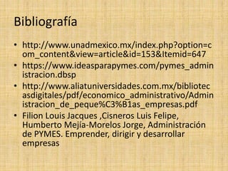 Bibliografía
• http://www.unadmexico.mx/index.php?option=c
om_content&view=article&id=153&Itemid=647
• https://www.ideasparapymes.com/pymes_admin
istracion.dbsp
• http://www.aliatuniversidades.com.mx/bibliotec
asdigitales/pdf/economico_administrativo/Admin
istracion_de_peque%C3%B1as_empresas.pdf
• Filion Louis Jacques ,Cisneros Luis Felipe,
Humberto Mejía-Morelos Jorge, Administración
de PYMES. Emprender, dirigir y desarrollar
empresas
 