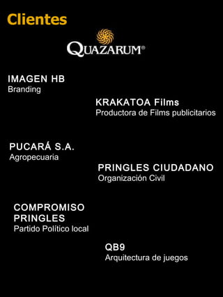 PUCARÁ S.A.   Agropecuaria KRAKATOA Films   Productora de Films publicitarios IMAGEN HB   Branding PRINGLES CIUDADANO   Organización Civil COMPROMISO PRINGLES Partido Político local QB9 Arquitectura de juegos Clientes 