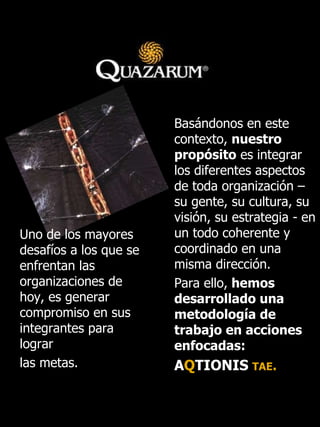 Basándonos en este contexto,  nuestro propósito  es integrar   los diferentes aspectos de toda organización –su gente, su cultura, su visión, su estrategia - en un todo coherente y coordinado en una misma dirección. Para ello,  hemos desarrollado una metodología de trabajo en acciones enfocadas:  A Q TIONIS   TAE . Uno de los mayores desafíos a los que se enfrentan las organizaciones de hoy, es  generar compromiso   en  sus integrantes para  lograr las metas . 