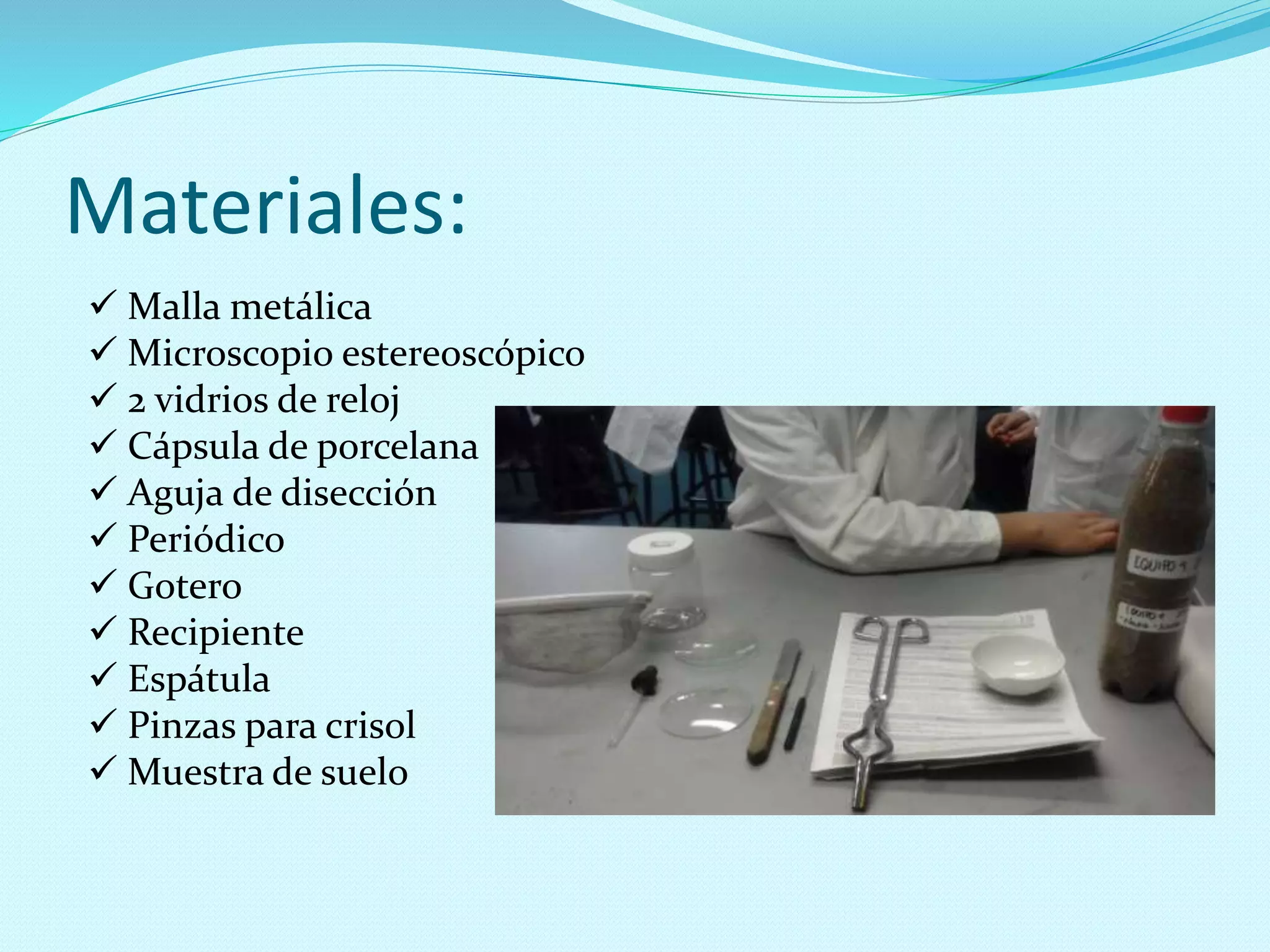Materiales:
 Malla metálica
 Microscopio estereoscópico
 2 vidrios de reloj
 Cápsula de porcelana
 Aguja de disección
 Periódico
 Gotero
 Recipiente
 Espátula
 Pinzas para crisol
 Muestra de suelo
 