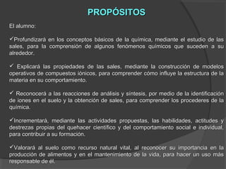 PROPÓSITOS
El alumno:
Profundizará en los conceptos básicos de la química, mediante el estudio de las
sales, para la comprensión de algunos fenómenos químicos que suceden a su
alrededor.
 Explicará las propiedades de las sales, mediante la construcción de modelos
operativos de compuestos iónicos, para comprender cómo influye la estructura de la
materia en su comportamiento.
 Reconocerá a las reacciones de análisis y síntesis, por medio de la identificación
de iones en el suelo y la obtención de sales, para comprender los procederes de la
química.
Incrementará, mediante las actividades propuestas, las habilidades, actitudes y
destrezas propias del quehacer científico y del comportamiento social e individual,
para contribuir a su formación.
Valorará al suelo como recurso natural vital, al reconocer su importancia en la
producción de alimentos y en el mantenimiento de la vida, para hacer un uso más
responsable de él.

 