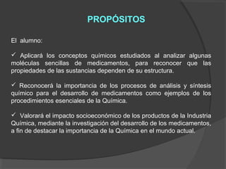 PROPÓSITOS
El alumno:
 Aplicará los conceptos químicos estudiados al analizar algunas
moléculas sencillas de medicamentos...