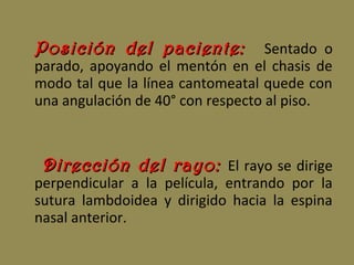 Posición del paciente:Posición del paciente: Sentado o
parado, apoyando el mentón en el chasis de
modo tal que la línea cantomeatal quede con
una angulación de 40° con respecto al piso.
Dirección del rayo:Dirección del rayo: El rayo se dirige
perpendicular a la película, entrando por la
sutura lambdoidea y dirigido hacia la espina
nasal anterior.
 