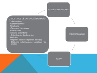 RADIOCOMUNICACIONES




OTROS USOS DE LAS ONDAS DE RADIO
• Calentamiento
• Fuerza mecánica
• Metalurgia:
  • Templado de metales
  • Soldaduras
• Industria alimentaria:
                                                                    RADIOASTRONOMIA
  • Esterilización de alimentos
• Medicina:
  • Implante coclear (implantes de oído)
  • Diatermia (enfermedades reumáticas y de
    artritis)




                                                     RADAR
 