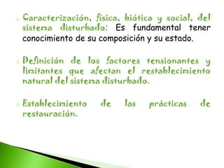o   Caracterización, física, biótica y social, del
    sistema disturbado: Es fundamental tener
    conocimiento de su composición y su estado.

o   Definición de los factores tensionantes y
    limitantes que afectan el restablecimiento
    natural del sistema disturbado.

o   Establecimiento    de   las    prácticas   de
    restauración.
 