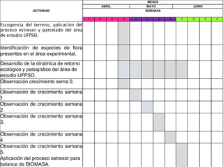 MESES
                                                 ABRIL                MAYO             JUNIO
               ACTIVIDAD                                             SEMANAS

                                         1   2           3   4   1   2    3    4   1   2       3   4
Escogencia del terreno, aplicación del
proceso estresor y parcelado del área
de estudio UFPSO.

Identificación de especies de flora
presentes en el área experimental.
Desarrollo de la dinámica de retorno
ecológico y paisajístico del área de
estudio UFPSO.
Observación crecimiento sema 0.

Observación de crecimiento semana
1
Observación de crecimiento semana
2
Observación de crecimiento semana
3.

Observación de crecimiento semana
4
Observación de crecimiento semana
5.
Aplicación del proceso estresor para
balance de BIOMASA.
 