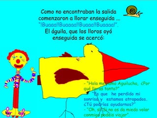 Como no encontraban la salida comenzaron a llorar enseguida ...“!Buaaa!!Buaaaa!!Buaaa!!Buaaaa!”. El águila, que los lloros oyóenseguida se acercó:- “Hola me llamo Aguilucha,  ¿Por qué lloras tanto?”-   “Es que  he perdido mi sonrisa y  estamos atrapados. ¿Tú podrías ayudarnos?”- “Oh, sí. Si no os da miedo volarconmigo podéis viajar”.